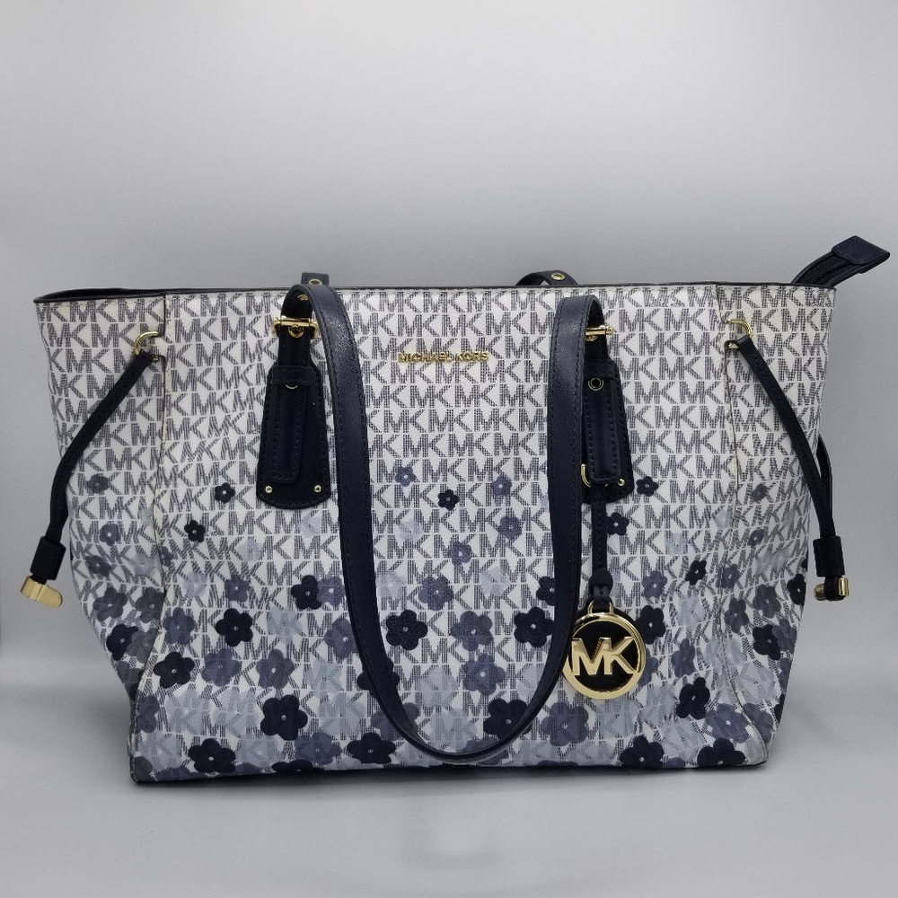 Michael Kors Large Voyager Tote Logo Blue Flowers